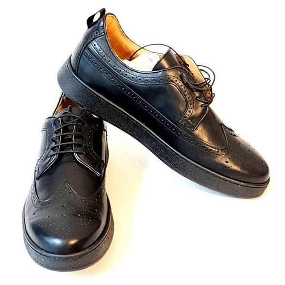 Brogue Black Dress Wingtip Sneakers Men's Size US 10 Genuine Italian Leather NEW - Picture 1 of 10